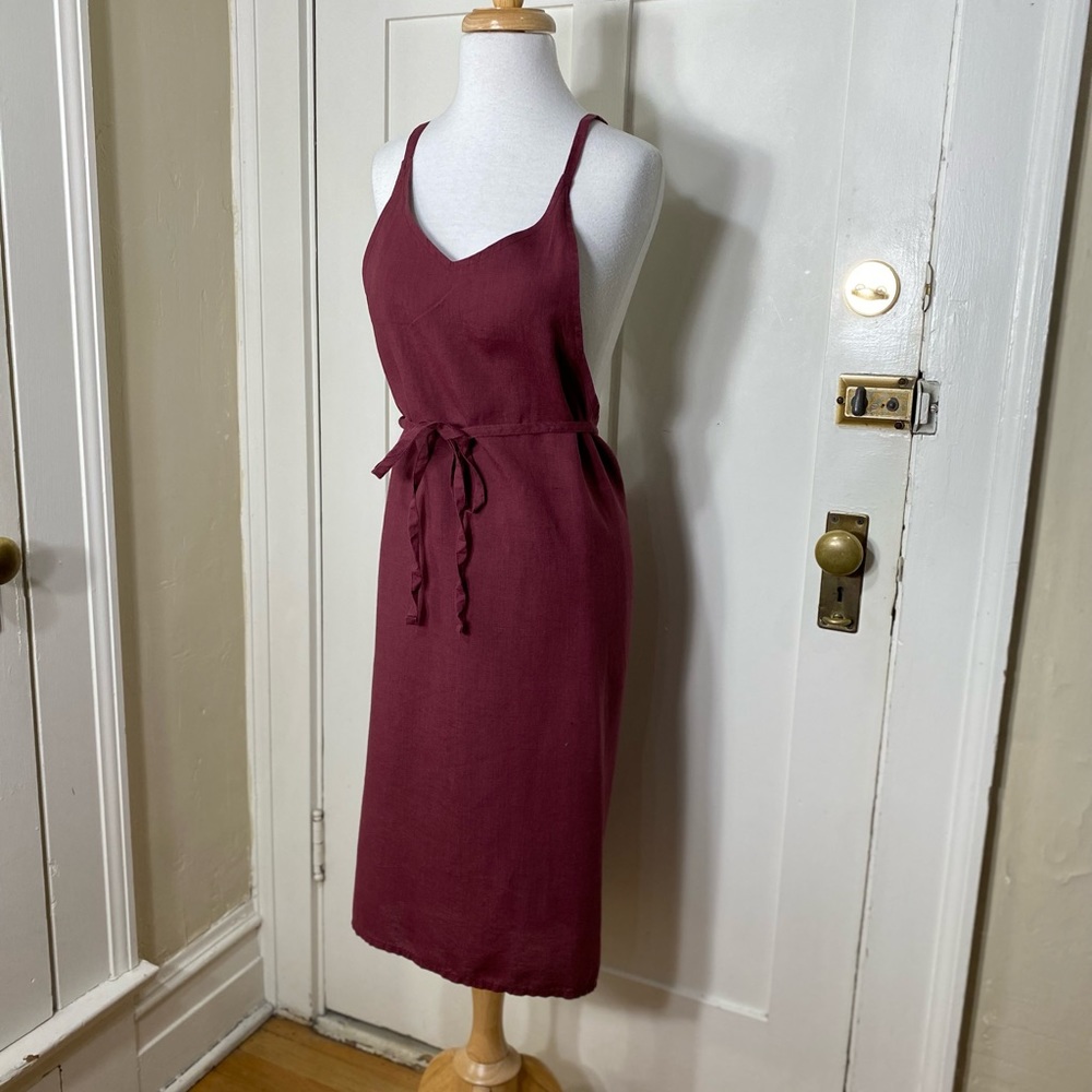 Houmming Linen Cranberry Wine V Neck Wrap Cross-back Apron